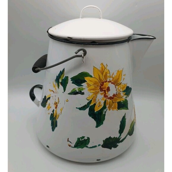 Vtg White Enamelware Cowboy Coffee Pot Chuck wagon XL Hand Painted Sunflowers - Picture 3 of 11